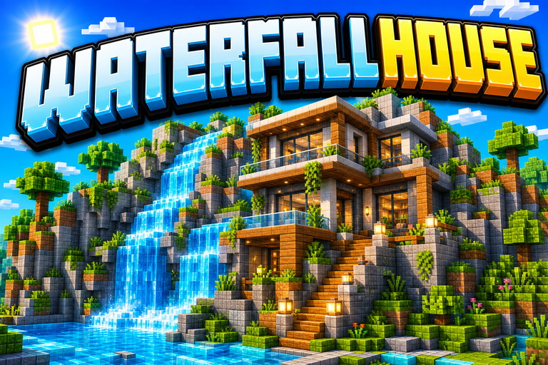 Mountain waterfall -one house preview for Minecraft Bedrock